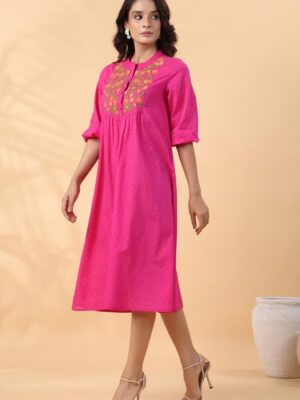 Pink Dobby Cotton Yoke Embroidery Dress