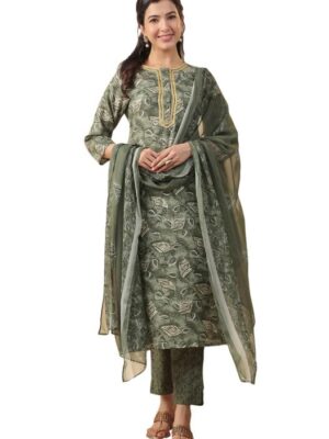 Yellow Rayon Blend Floral Straight Kurta Pant Dupatta Set