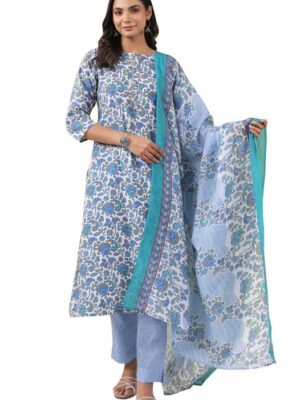 Blue Cotton Blend Floral Straight Kurta Pant Dupatta Set