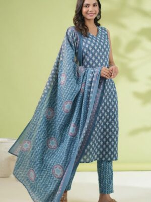 Aqua Rayon Blend Ethnic Motifs Straight Kurta Pant Dupatta Set