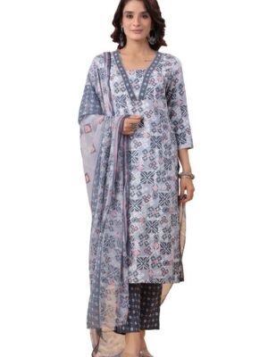 Beige Rayon Blend Geometric Straight Kurta Pant Dupatta Set
