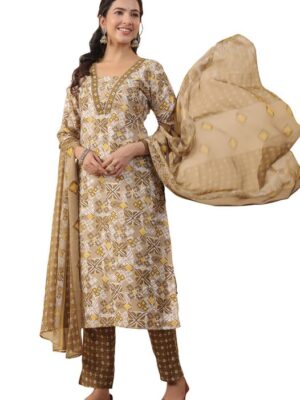 White Cotton Blend Floral Straight Kurta Pant Dupatta Set