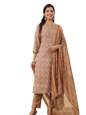 Olive Rayon Blend Abstract Regular Kurta Pant Dupatta Set
