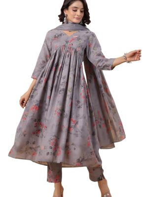 Sage Cotton Blend Floral A-Line Kurta Pant Dupatta Set