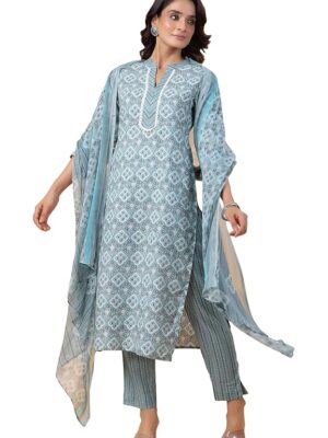 Green Rayon Blend Floral Straight Kurta Pant Dupatta Set