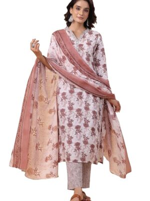 Grey Cotton Blend Floral A-Line Kurta Pant Dupatta Set
