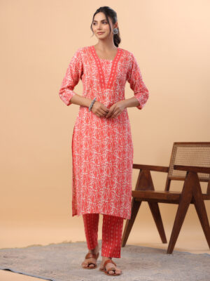 Red Straight Cotton Blend Batik Kurta & Bottom Set