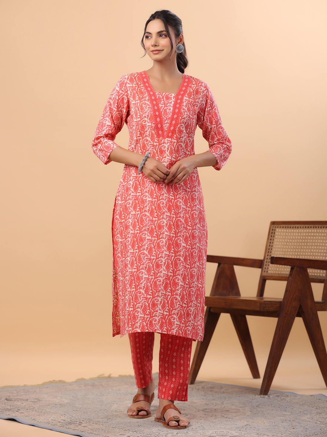 Red Straight Cotton Blend Batik Kurta & Bottom Set
