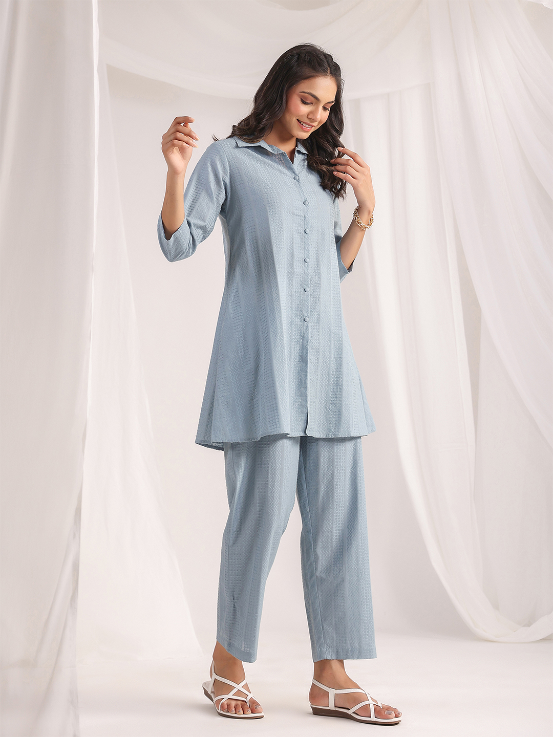 Light Blue Cotton Self Design Shirt Co-Ords Set
