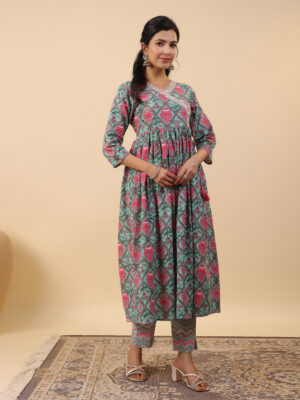 Aqua Cotton Ethnic Motifs Angrakha Kurta & Bottom Set