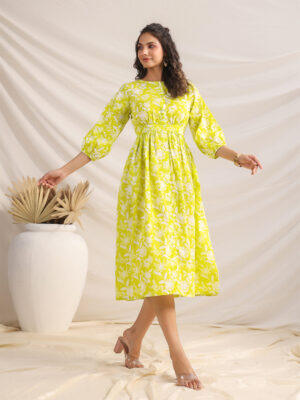 Lime Cotton Floral Print Dress