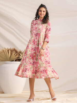 Pink Cotton Abstract Dress