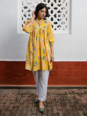 Yellow Cotton Tropical Gathered Tunic