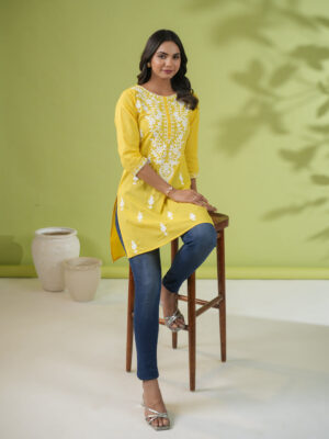 Yellow Cotton Ethnic Motifs Straight Tunic