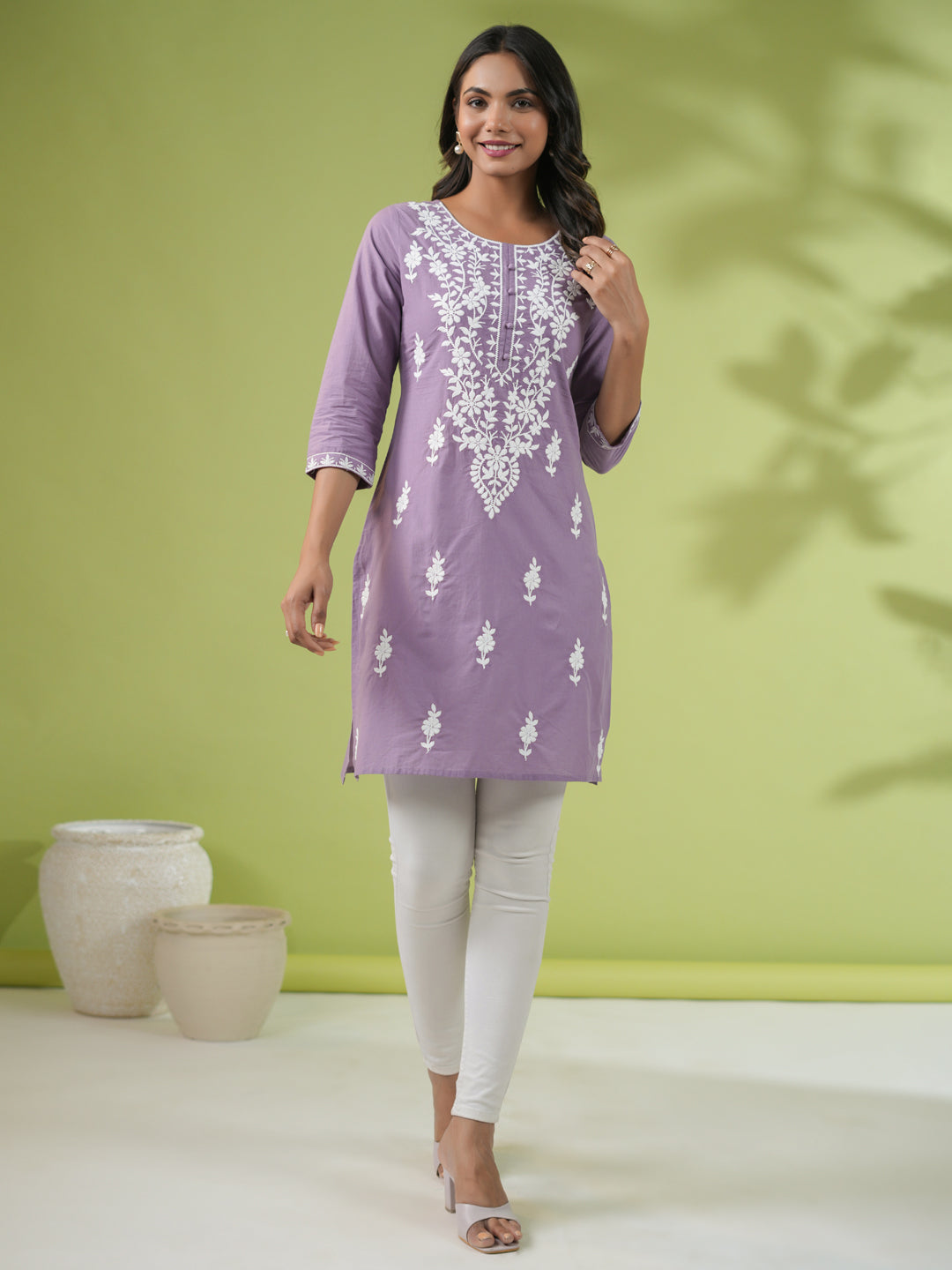 Lavender Cotton Embroidered Straight Tunic