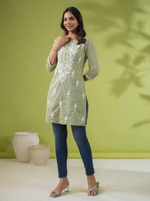 Sage Cotton Embroidered Regular Tunic
