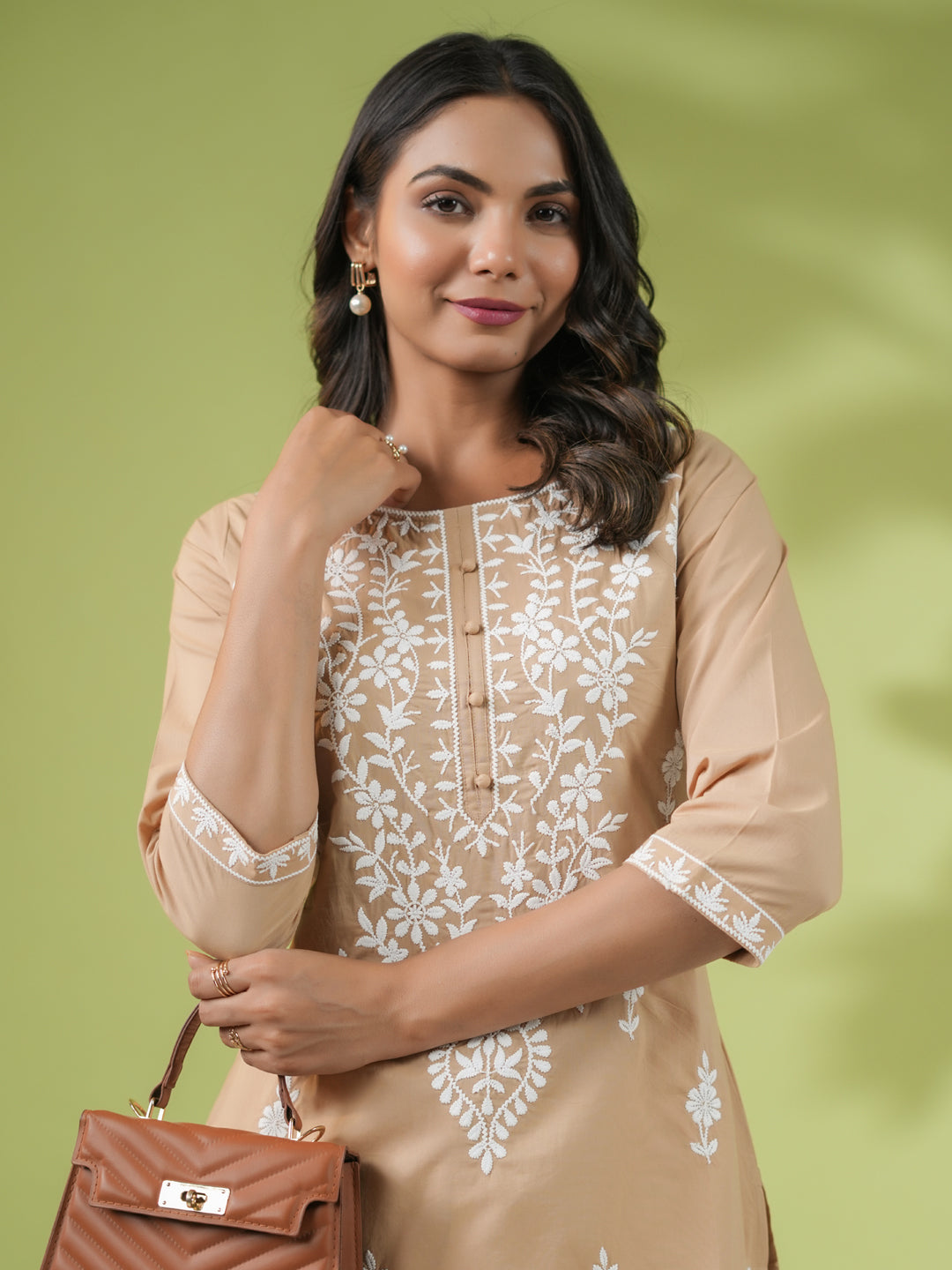 Beige Cotton Embroidered Straight Tunic