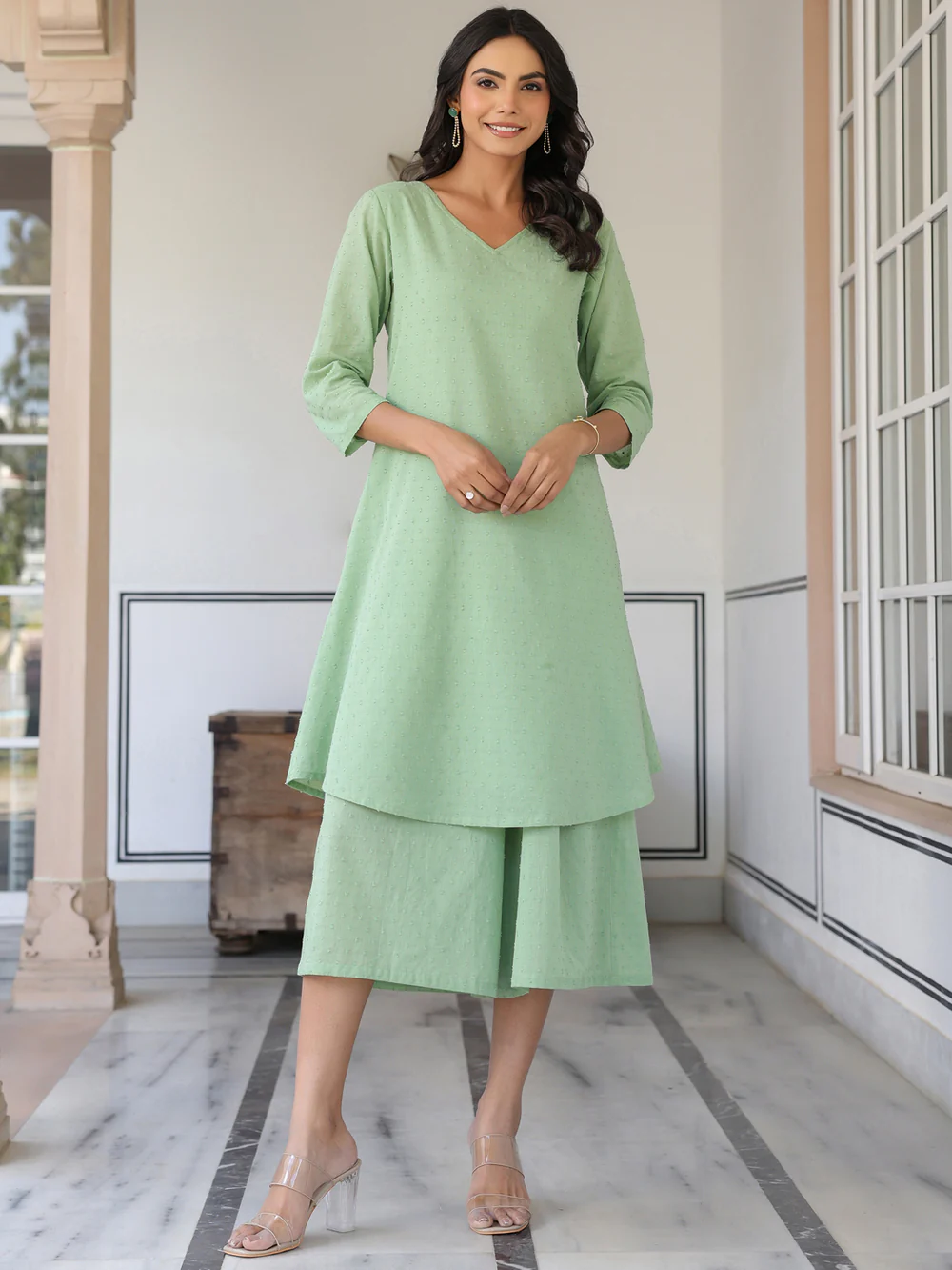 Green Dobby Cotton Self Design A-Line Co-Ords Set