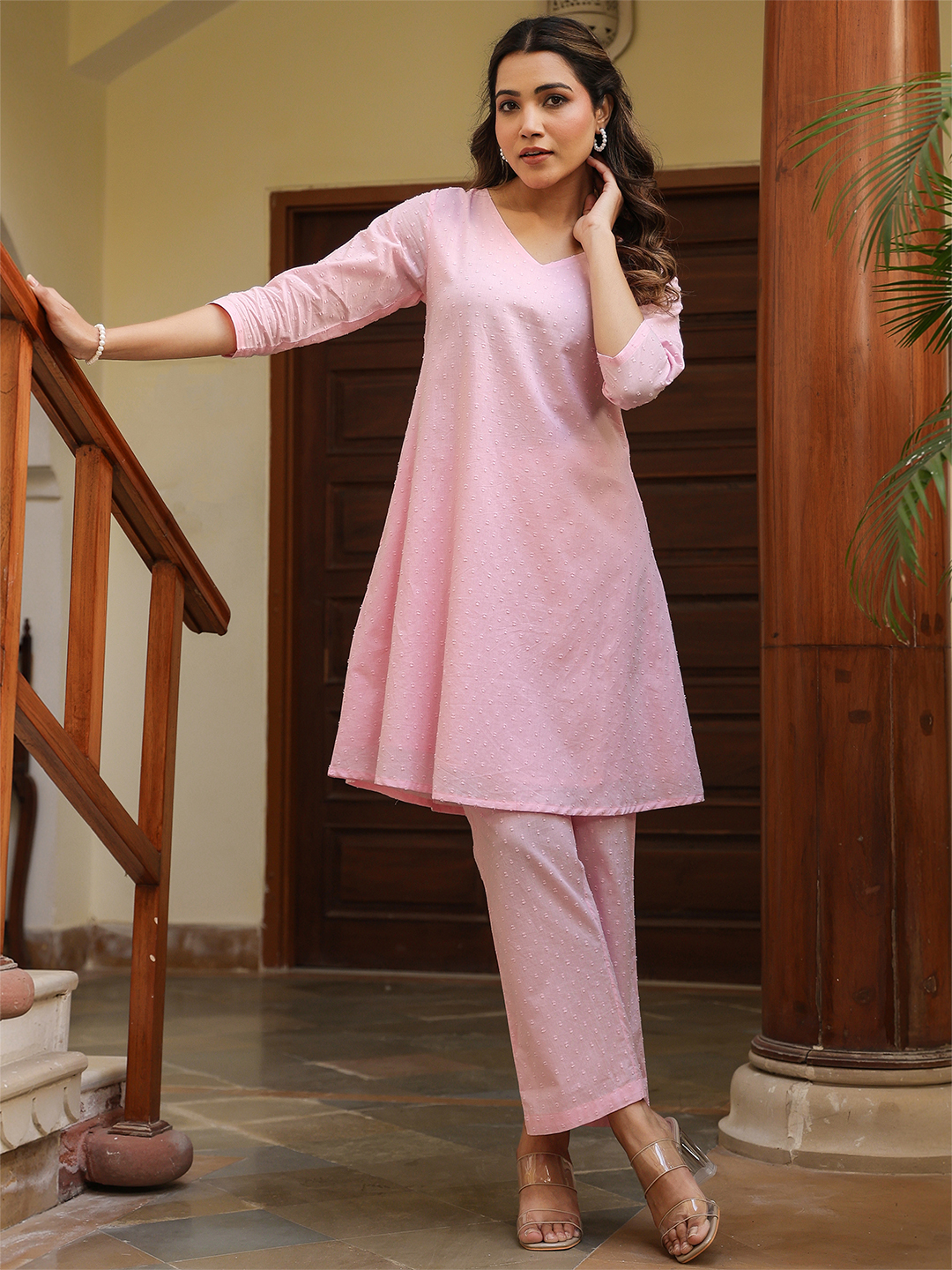 Baby Pink Dobby Cotton Self Design A-Line Co-Ords Set
