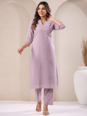 Lavender Dobby Cotton Self Design Straight Kurta & Bottom Set