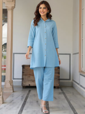 Powder Blue Linen Cotton Solid Straight Co-Ords Set