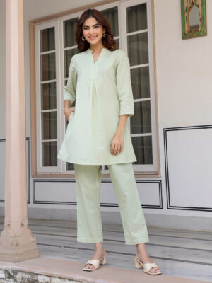 Mint Linen Cotton Solid A-Line Co-Ords Set