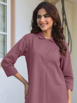 Mauve Linen Cotton Solid A-Line Co-Ords Set