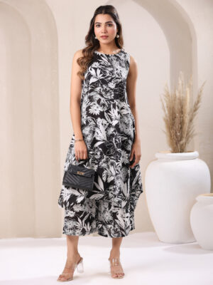 Black Rayon Floral Print A-Line Co-Ords Set