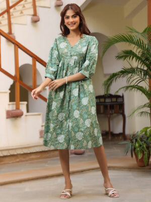 Sage Cotton Floral Print Dress