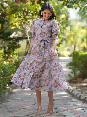 Grey Cotton Floral Print Dress