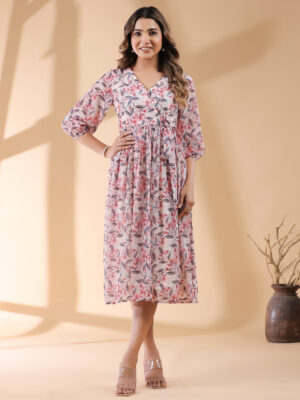 Cream Georgette Floral Print Dress