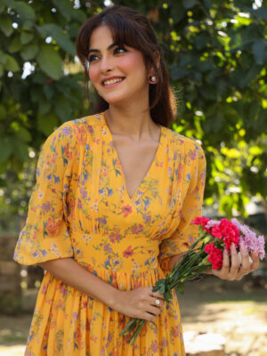 Mustard Georgette Floral Print Dress