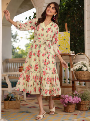 Light Yellow Georgette Floral Print Dress