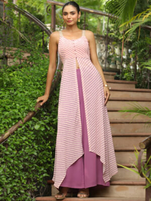 Peach Asymmetric Georgette Striped Kurta & Bottom Set
