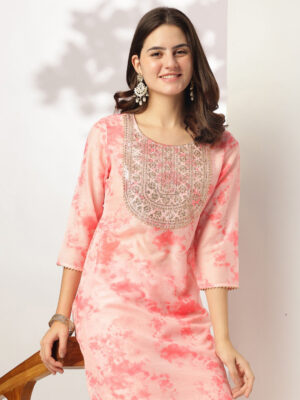 Peach Silk Blend Tie & Dye Yoke Embroidered Straight Kurta Pant Set