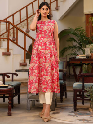 Pink Pure Cotton Floral Printed A-Line Kurta