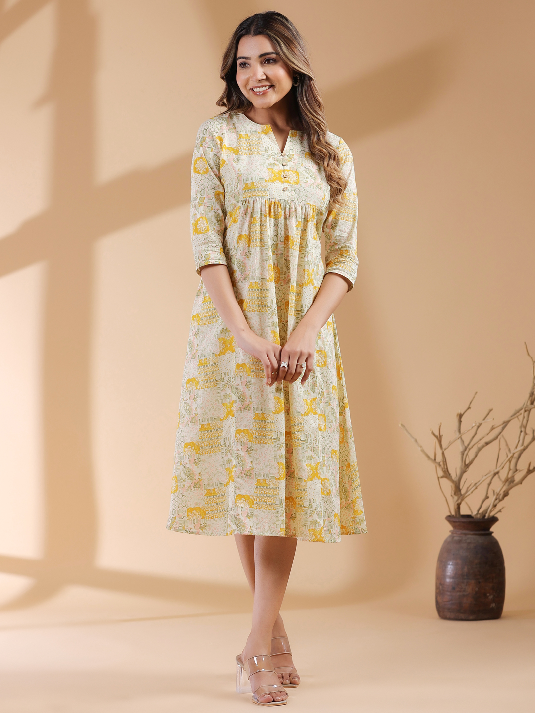Yellow Cotton Solid A-Line Dress