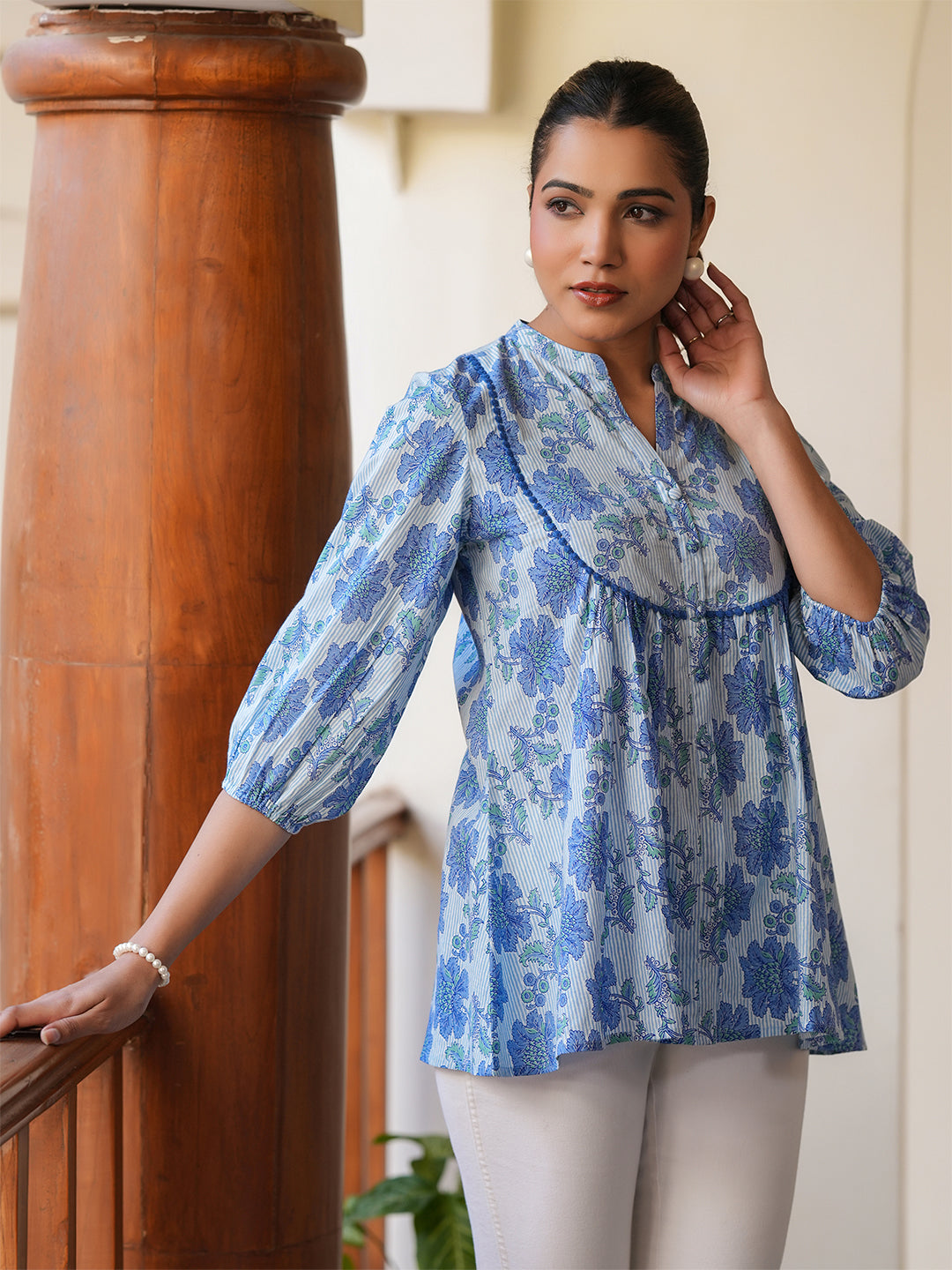 Blue Cotton Floral Top