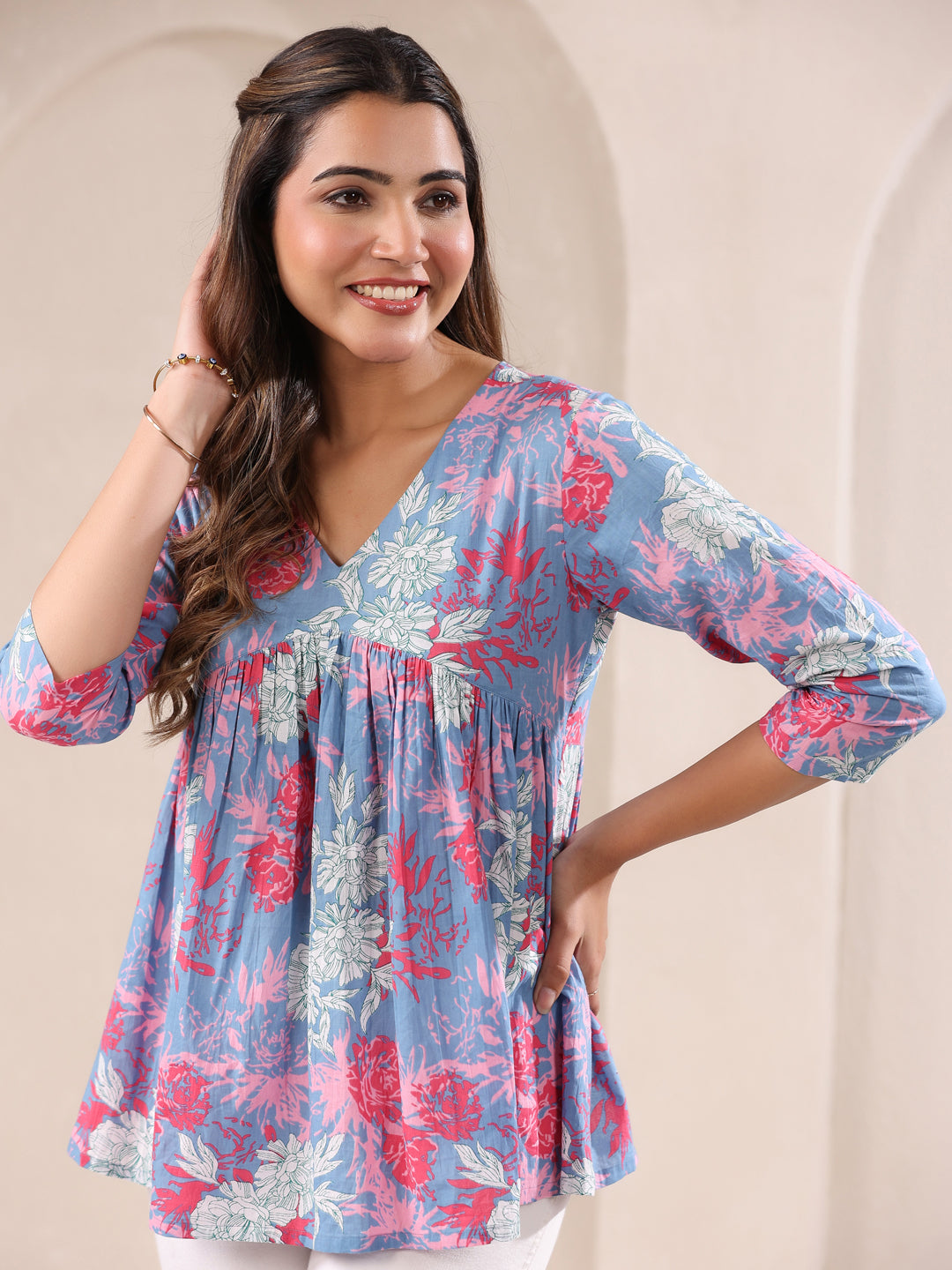 Blue Cotton Floral Top