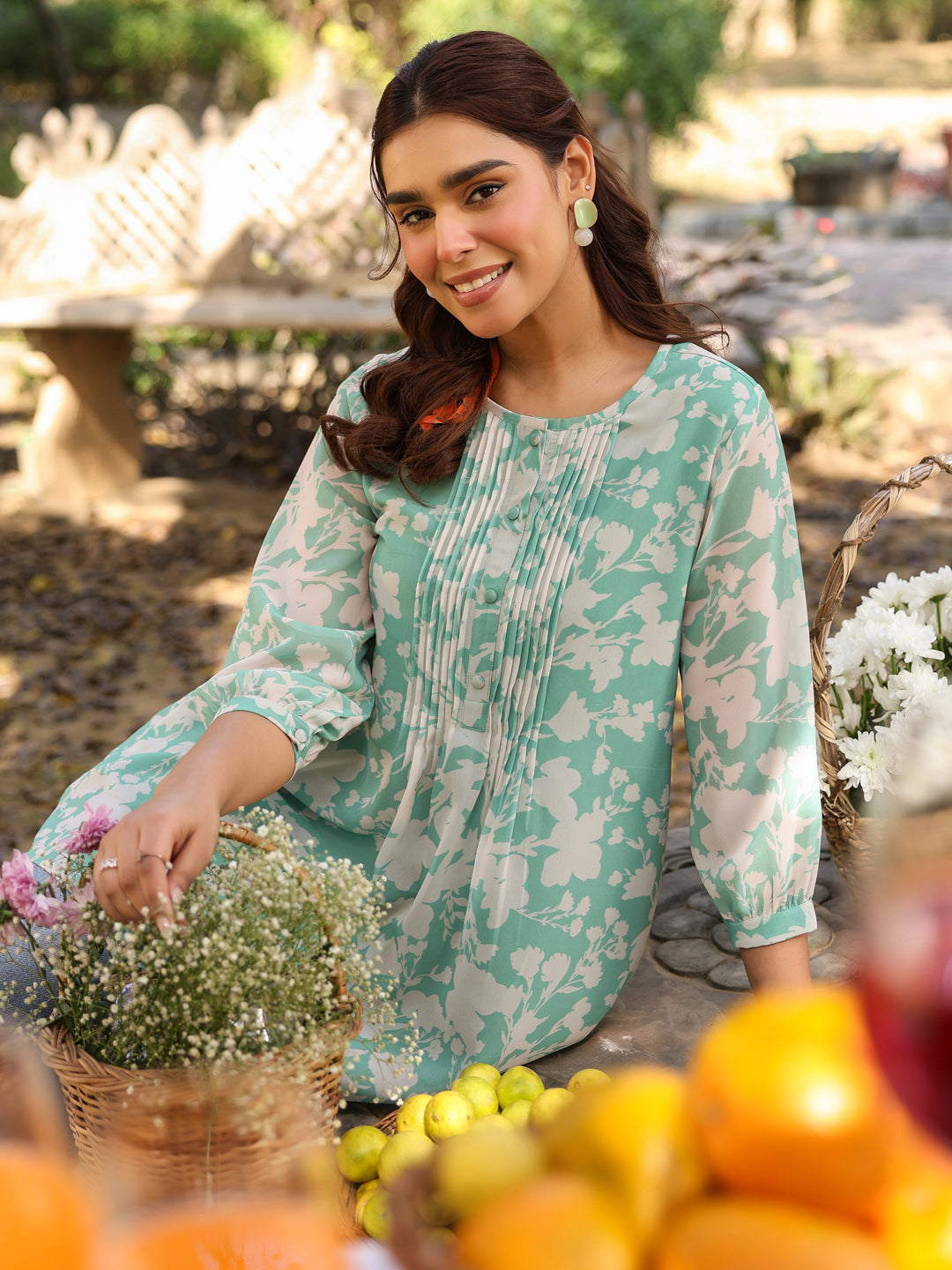 Green Georgette Floral Straight Tunic