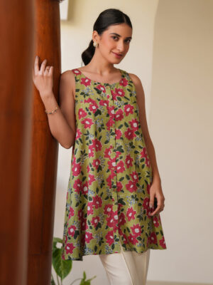 Olive Cotton Floral A-Line Tunic