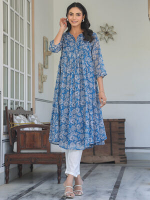 Blue Chiffon Lurex Floral Printed A-Line Kurta